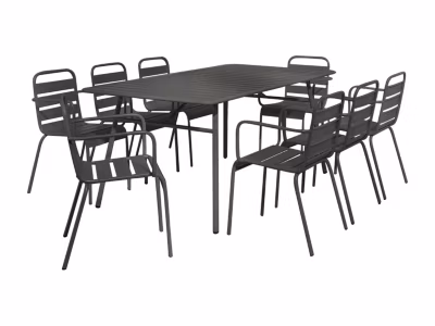 Salle à manger de jardin en métal – une table L.200 cm et 8 fauteuils empilables – Gris anthracite – MIRMANDE de MYLIA