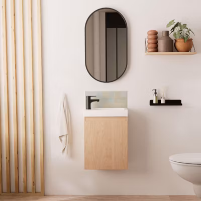 Meuble lave-mains LISA + robinet noir + miroir ovale