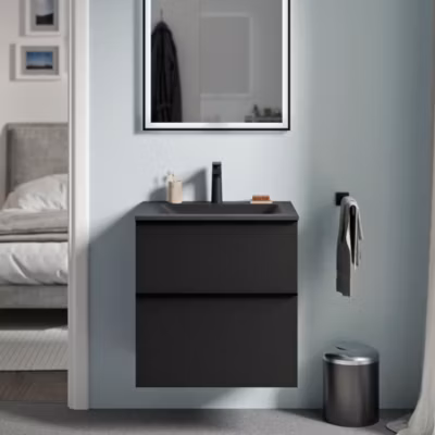 Meuble vasque suspendu MDF Noir mat, lavabo fonte Noir mat + trou robinet, poignée Anthracite mat – 60x46x62cm – LAVOA