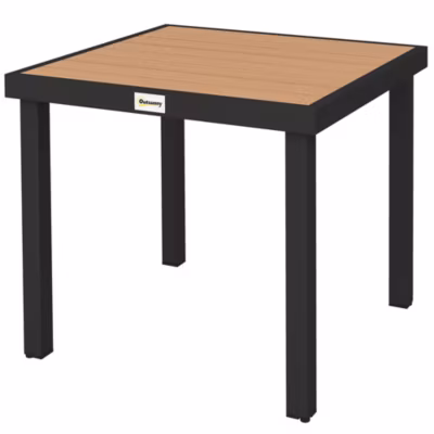 Table de jardin 2 personnes dim. 78 x 78 x 74 cm aluminium noir plastique effet bois naturel