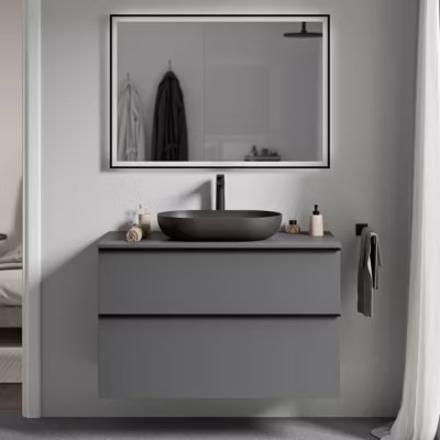 Meuble sous vasque suspendu MDF Anthracite mat, plan vasque & poignée Anthracite mat – 100x46x62cm – LAVOA