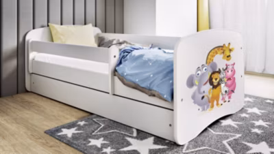 Lit enfant avec tiroir et barrière, matelas inclus – Zoo – 70 x 140 cm