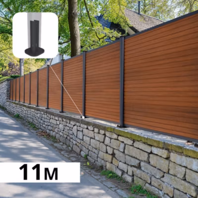 Kit Clôture Composite sur Muret SANTOS Teck 11×1,2m – Bois composite & Aluminium – Poteaux sur Platines Gris – Brise vue