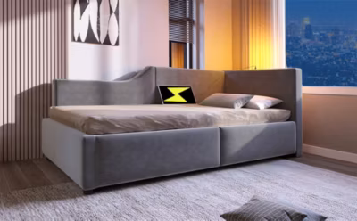 Canapé-lit 90×190 cm avec coffre hydraulique, lampe de lecture et prise USB-C en velours gris