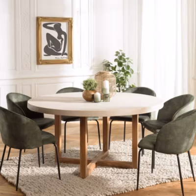 Table à manger ronde béton beige pieds croisés en teck D153