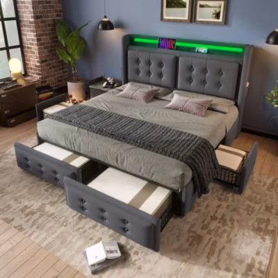 Canapé-lit 160×200 cm avec éclairage LED multicolore, ports USB/Type-C, 4 tiroirs et structure métal