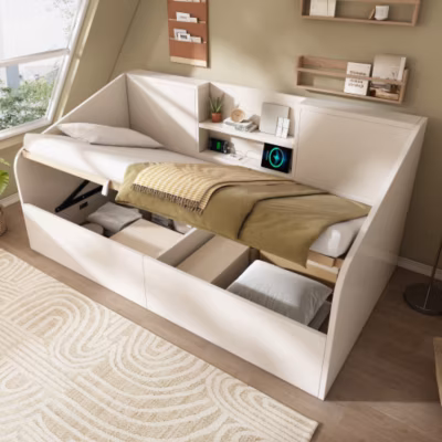 Canapé-lit coffre 90x190cm – avec USB/Type-C – avec 2 étagères – MDF+bois massif – blanc (matelas non inclus)