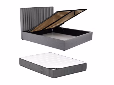 Lit coffre 160 x 200 cm avec tête de lit coutures verticales – Tissu – Gris + Matelas – SARAH