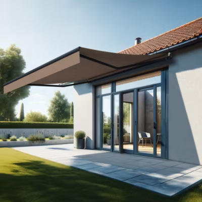 Store banne monobloc ESPAI 4,00×3,50m (Motorisé à interrupteur + manœuvre de secours – Taupe – Gris anthracite)