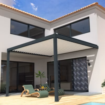 Pergola Bioclimatique STYLE Mixte Gris anthracite / Blanc 4,00×3,642m (Motorisé à télécommande)