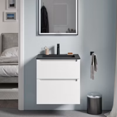 Meuble vasque suspendu MDF Blanc mat, lavabo fonte Noir mat + trou robinet, tiroirs pivotants – 60x46x62cm – VIREO