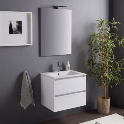 Armoire De Toilette Murale Avec Lavabo 60 Cm Et Tiroirs Blanc Poli – Benaco