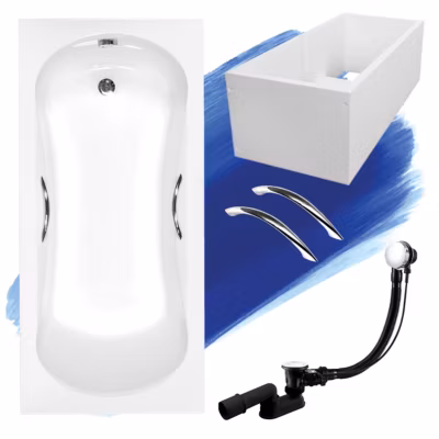 Baignoire rectangulaire 160×70 ARIA PLUS acrylique blanc+Support stabilisateur en polystyrène + Poignées + Pieds + Vidage à chromé
