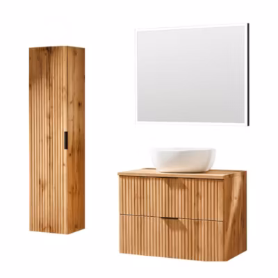 Ensemble de salle de bain NOXERA 80 cm  Chene wotan  Meuble sous vasque avec vasque, miroir LED et colonne suspendue