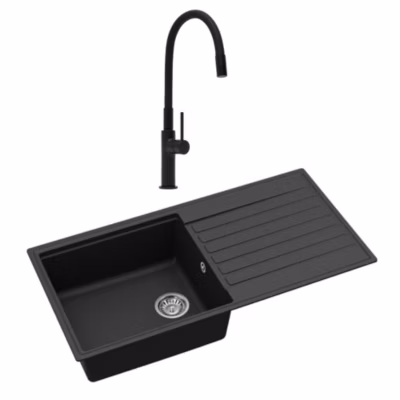 Swiss Aqua Technologies 100×50 cm évier avec égouttoir réversible en granite à encastrer + mitigeur aérateur Neoperl, noir mat