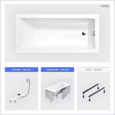 Baignoire rectangulaire – 140 x 70 cm – avec Habillage (4 cm) – Pieds – Vidage Chrome – MODERN SLIM