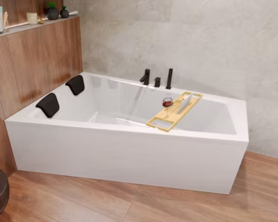 Baignoire asymétrique 170×125 Gauche INTIMA acrylique blanc, sans Habillage + Repose Tête + Étagère bambou +Pieds +Vidage à chromé