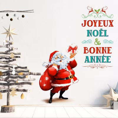 Sticker Noël père noël joyeux noël et bonne année – Autocollants stickers adhésifs noël – décoration fêtes – 70x85cm
