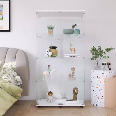 Vitrine à deux portes et quatre étagères, bibliothèque sur pied pour salon, chambre ou bureau, blanche
