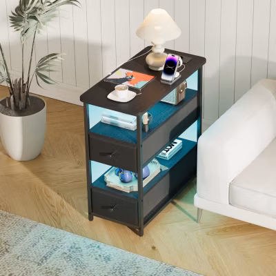 Table de chevet noire à 4 niveaux avec LED multicolore, tiroirs en tissu, prises EU, USB et Type-C, Commande à distance