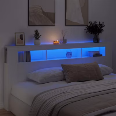 vidaXL Tête de Lit à LED, Panneau avec Rangement, Accessoire de Lit, Tête de Cadre de Lit Chambre, Blanc 220×18,5×103,5 cm 837372