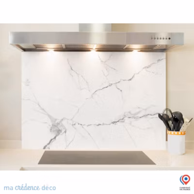 Crédence cuisine fond de hotte Marbre blanc 1 – Verre trempé – L 60 cm x H 45 cm – MaCrédenceDéco