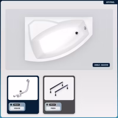 Baignoire asymétrique – 150 x 95 cm – Gauche – sans Habillage – avec Pieds – Vidage Chrome – RIMA
