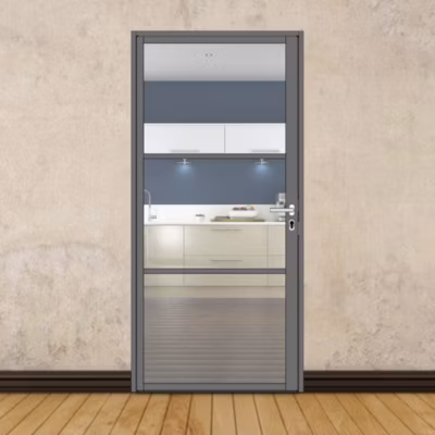 Porte battante gris anthracite H 2040 x L 930 mm – 3 verres clairs horizontaux + béquille inox