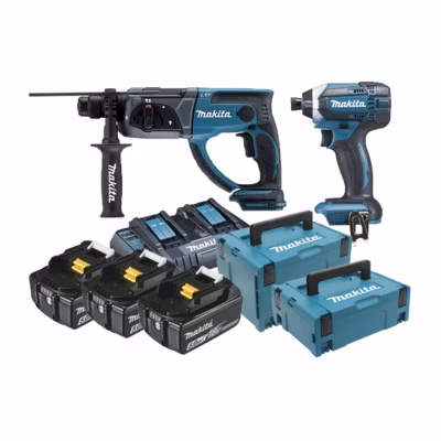 Pack 18V 5Ah: Perforateur 2J DHR202 + Visseuse à chocs 165Nm DTD152 + 3 batt 5Ah + 2 coffrets MAKPAC MAKITA