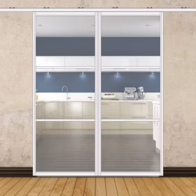 Porte double coulissante H 2088 x L 867 mm – 3 verres horizontaux – trempé 6 mm clair – blanc