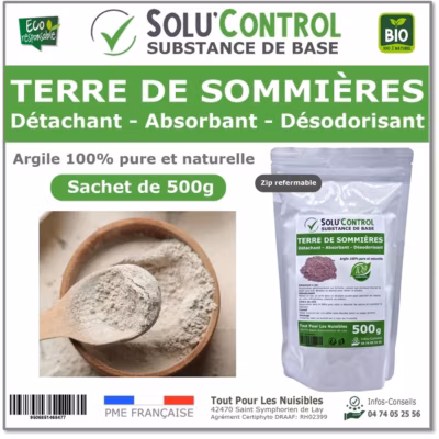 SOLU&rsquo;CONTROL – Terre de Sommières 500 g – Détachant Naturel et Absorbant – Élimine les Odeurs d&rsquo;Urine, Litière de Chat, Tapis