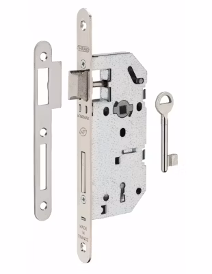 Serrure encastrable Monomax NF à clé pour porte de chambre, axe 40mm, bouts ronds, têtière nickelée, 1 clé – THIRARD