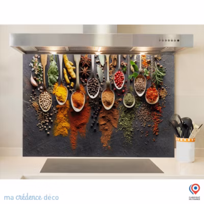 Crédence cuisine fond de hotte Epices et cuillères 5 – Verre trempé – L 90 cm x H 60 cm