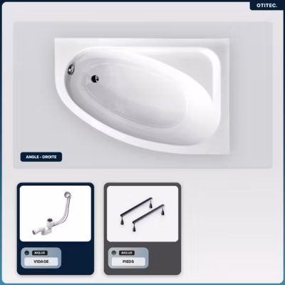 Baignoire asymétrique – 150 x 100 cm – Droite – sans Habillage – avec Pieds – Vidage Chrome – CORNEA