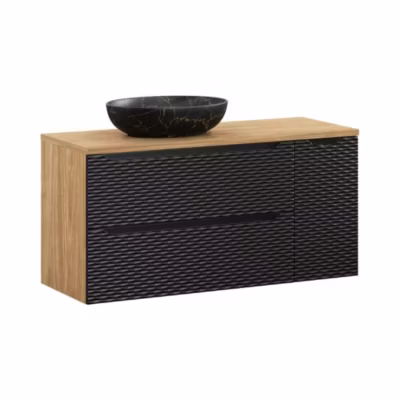 Ensemble de salle de bain YOKA noir : meubles sous vasque 120 cm et plan pour vasque et vasque à poser effet marblre noir et or