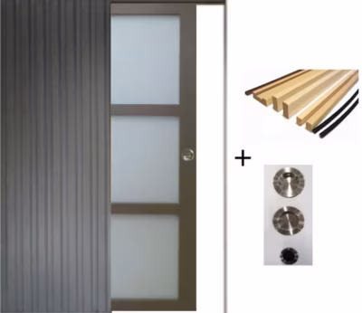 Porte Coulissante Gris Taupe Ral 7006 Vitrée H204 X L83 Cm, Galandage, Kit Finition (coquille Et Tire Doigt) Gd Menuiseries