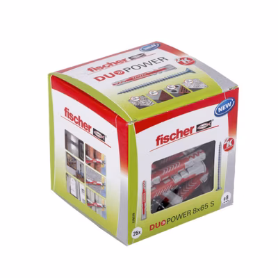 Fischer DUOPOWER 8 x 65 mm lot 25 chevilles bimatière + vis 5 x 80 mm – 8 mm, pour supports pleins et creux