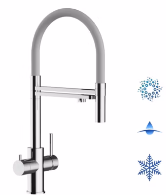 Mitigeur de cuisine 5 Voies En ACIER INOXYDABLE Poli Brillant Bec Gris Orientable Et Douchette 2 Jets Détachable