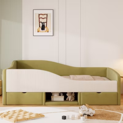 Lit 90×190 cm avec tiroirs et barrières rembourrées, revêtement velours bicolore vert foncé et ivoire