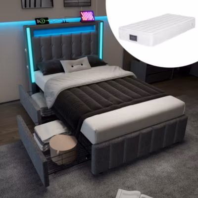 Lit Simple 90×200 cm – Lit Simple Capitonné Ado avec LED, USB C et 2 Tiroirs de Rangement, Lin Gris, Matelas Inclus