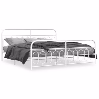 Lit double, Lit adulte, Cadre de lit métal sans matelas et pied de lit blanc 200×200 cm