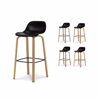 Lot de 4 tabourets de bar noirs style scandinave avec pieds effet bois en métal   Hauteur 66cm