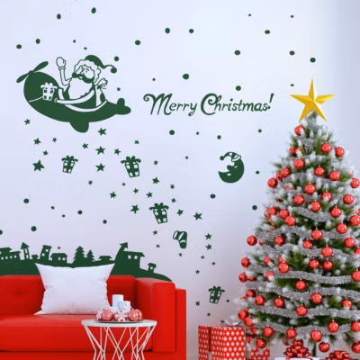 Sticker Ambiance merry christmas – 100x65cm – vert – Autocollants adhésifs noël – décoration fêtes