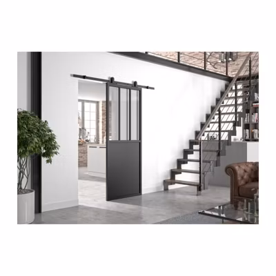 OPTIMUM Kit porte coulissante ATELIER noir + rail apparent + cache rail – 204 x 93 cm – verre transparent
