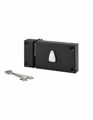 Serrure horizontale en applique 6 gorges à clé pour porte de cave, pêne seul, gauche, axe 64mm, 140x88mm, noir, 2 clés – THIRARD