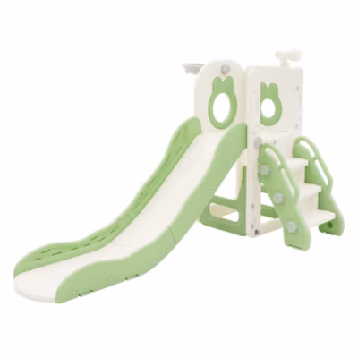 Toboggan pour enfants 3en1 Joyz blanc-vert en plastique avec panier de basket et échelle dès 3 ans