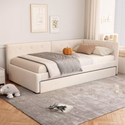 Canapé-lit 90×200 cm convertible avec lit gigogne 90×190 cm en velours beige, structure MDF, style minimaliste