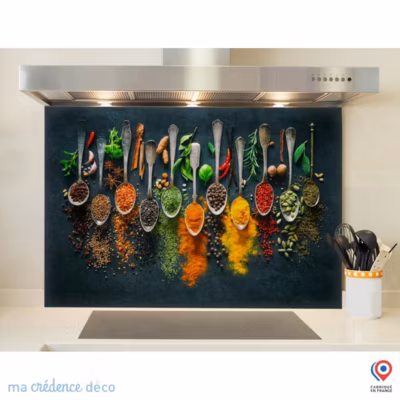 Crédence cuisine fond de hotte Epices et cuillères 2 – Alu composite – L 90 cm x H 70 cm – MaCrédenceDéco