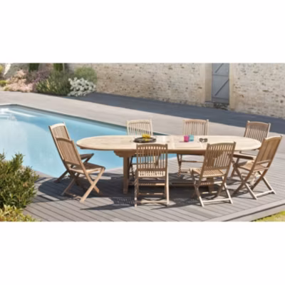 Table de jardin et chaises en teck 10/12 pers